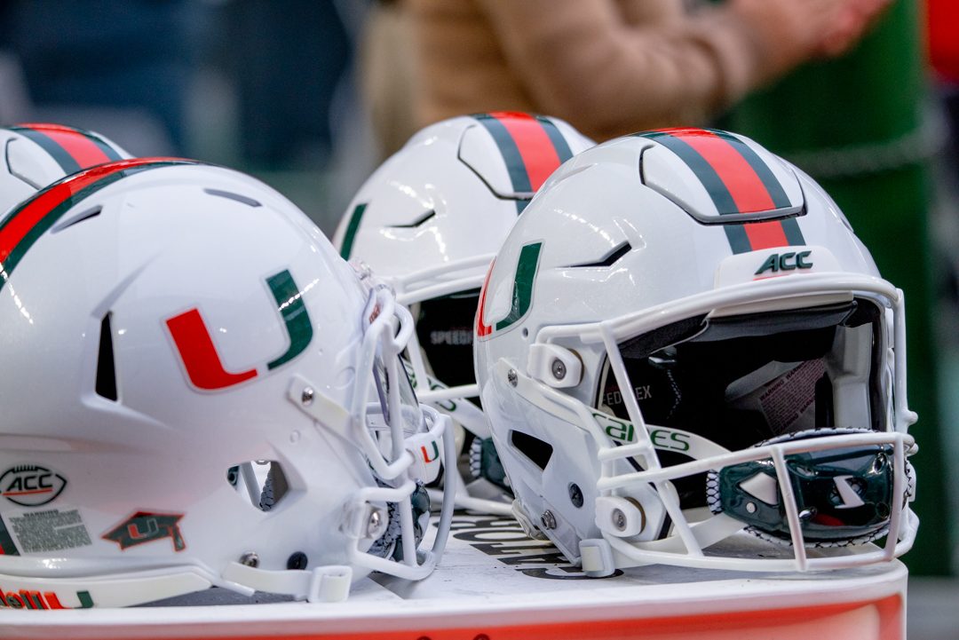 Miami Hurricanes football helmets — West Palm Beach commercial sports photography by Concha Solutions