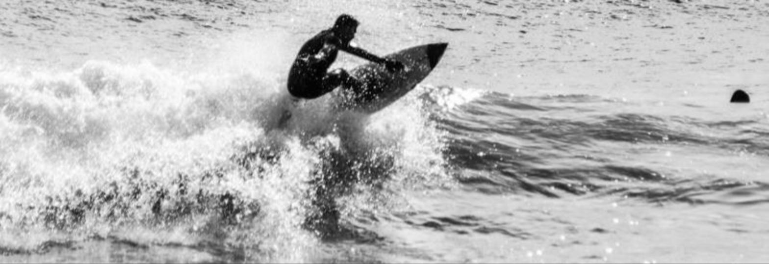 Surfer carving a wave, black and white